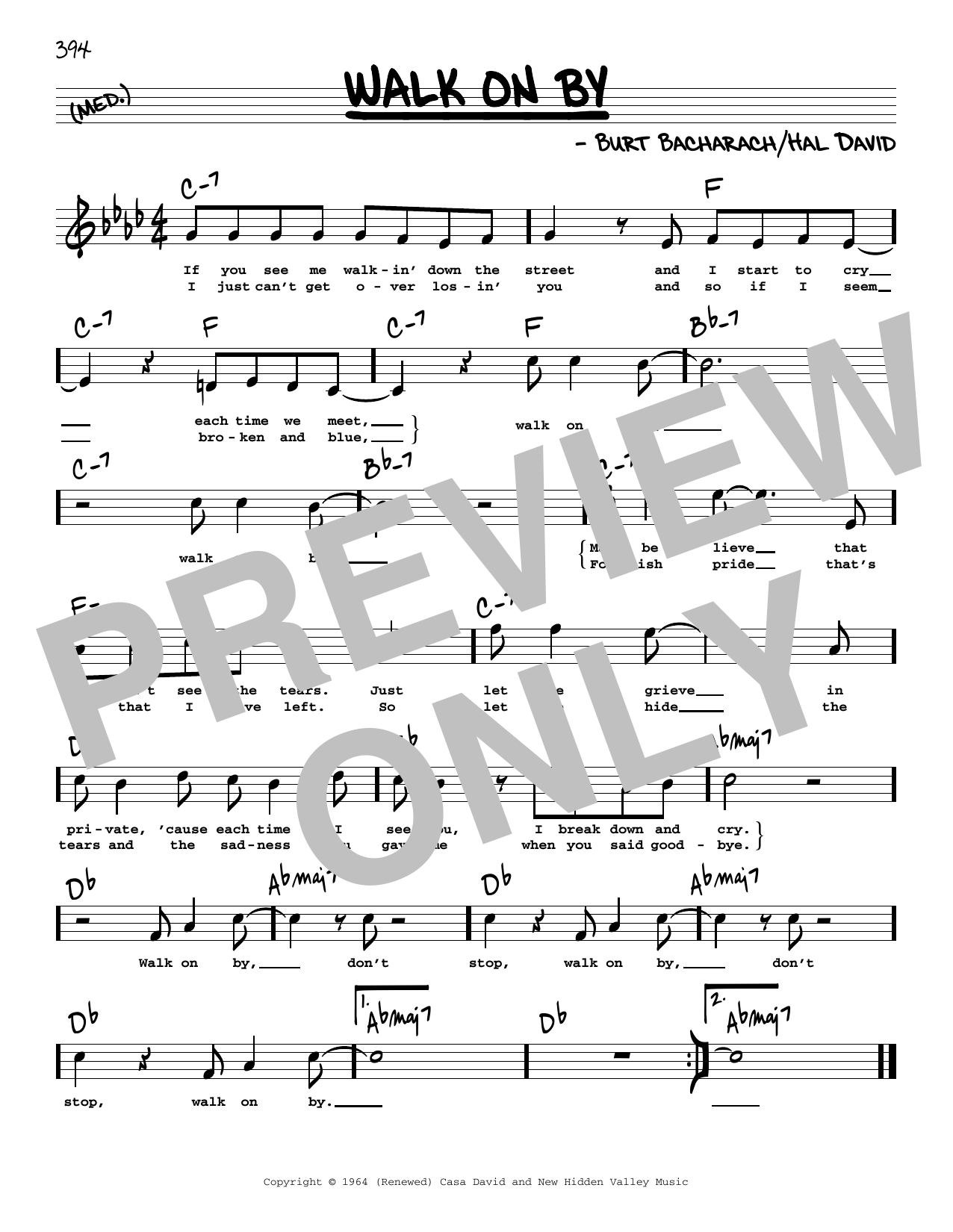 Download Dionne Warwick Walk On By (High Voice) Sheet Music and learn how to play Real Book – Melody, Lyrics & Chords PDF digital score in minutes