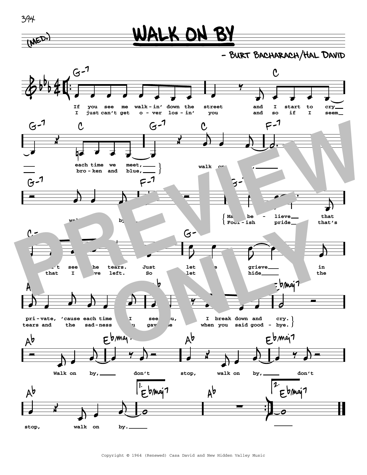 Download Dionne Warwick Walk On By (Low Voice) Sheet Music and learn how to play Real Book – Melody, Lyrics & Chords PDF digital score in minutes