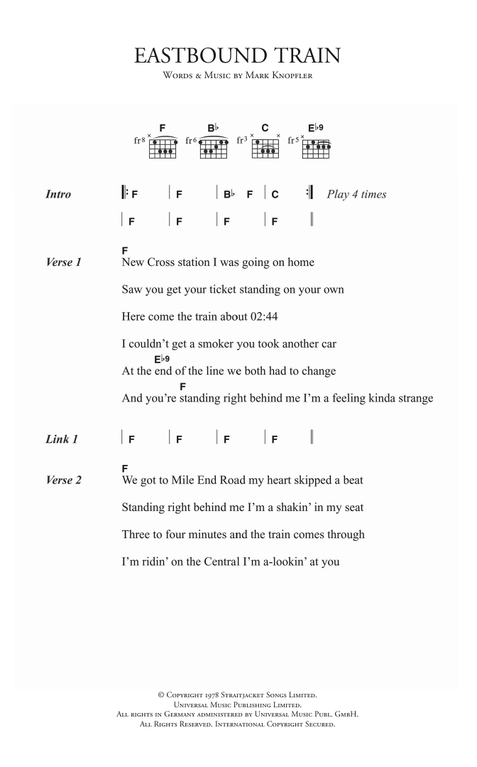 Download Dire Straits Eastbound Train Sheet Music and learn how to play Lyrics & Chords PDF digital score in minutes