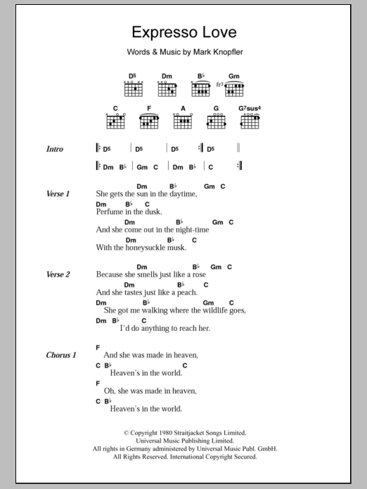 Download Dire Straits Expresso Love Sheet Music and learn how to play Lyrics & Chords PDF digital score in minutes
