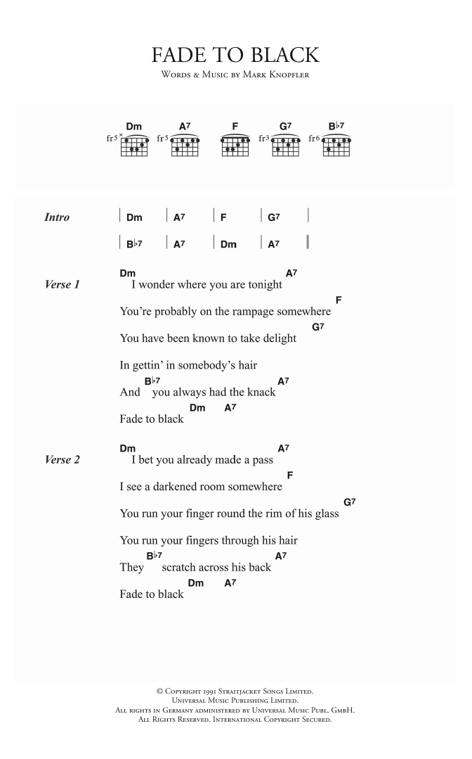 Download Dire Straits Fade To Black Sheet Music and learn how to play Lyrics & Chords PDF digital score in minutes