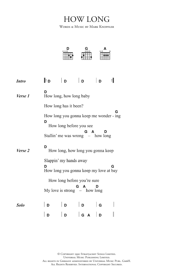 Download Dire Straits How Long Sheet Music and learn how to play Lyrics & Chords PDF digital score in minutes