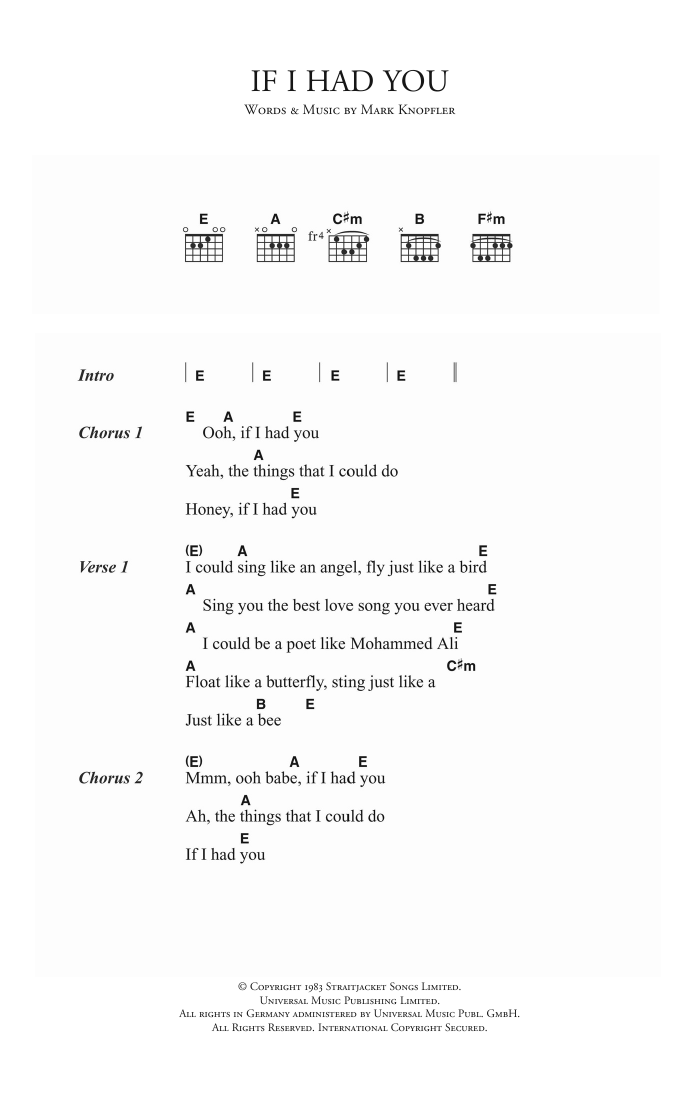 Download Dire Straits If I Had You Sheet Music and learn how to play Lyrics & Chords PDF digital score in minutes