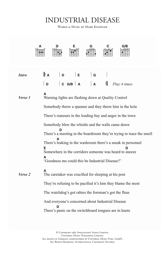 Download Dire Straits Industrial Disease Sheet Music and learn how to play Lyrics & Chords PDF digital score in minutes