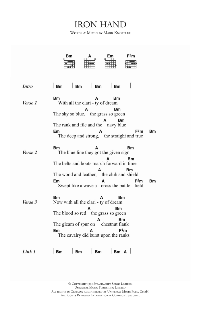 Download Dire Straits Iron Hand Sheet Music and learn how to play Lyrics & Chords PDF digital score in minutes