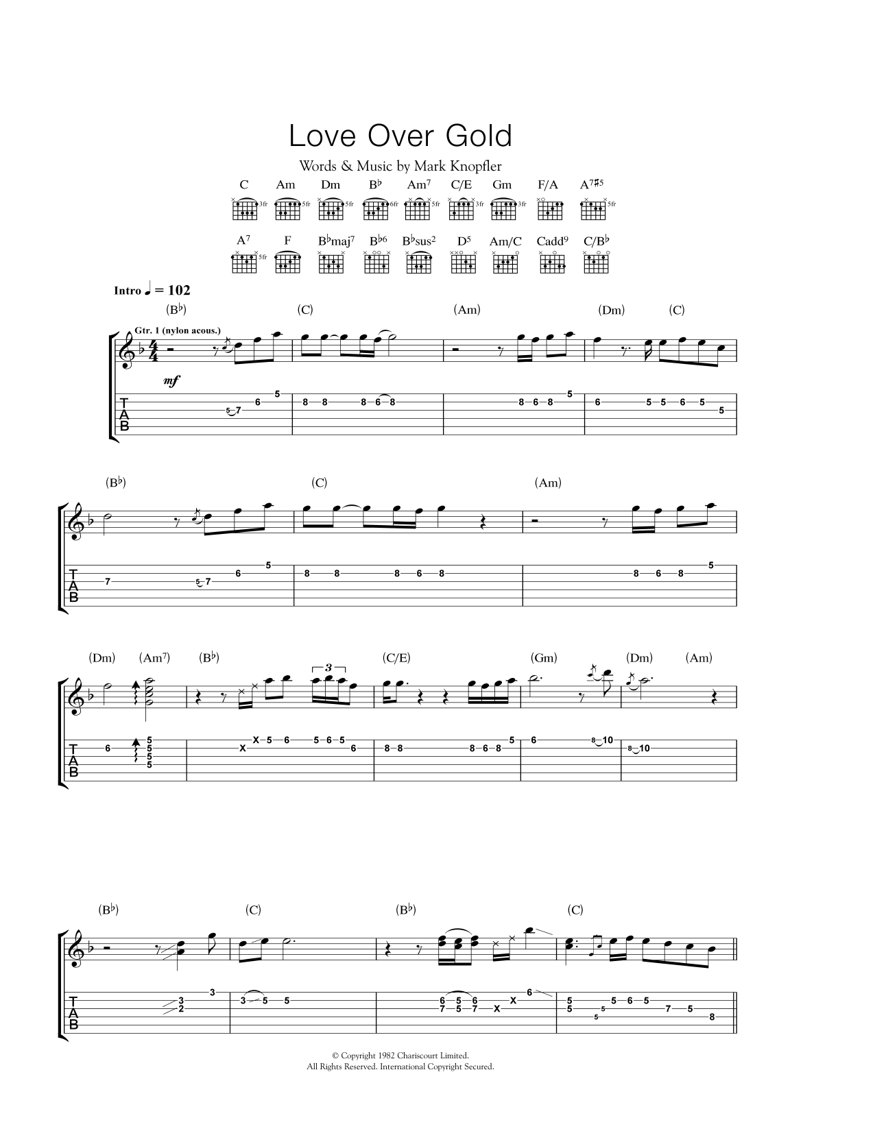 Download Dire Straits Love Over Gold Sheet Music and learn how to play Lyrics & Chords PDF digital score in minutes