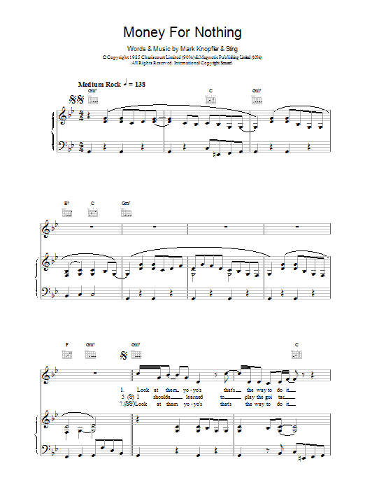 Download Dire Straits Money For Nothing Sheet Music and learn how to play Melody Line, Lyrics & Chords PDF digital score in minutes