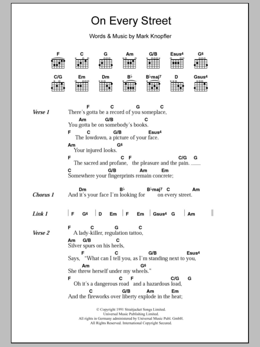 Download Dire Straits On Every Street Sheet Music and learn how to play Lyrics & Chords PDF digital score in minutes