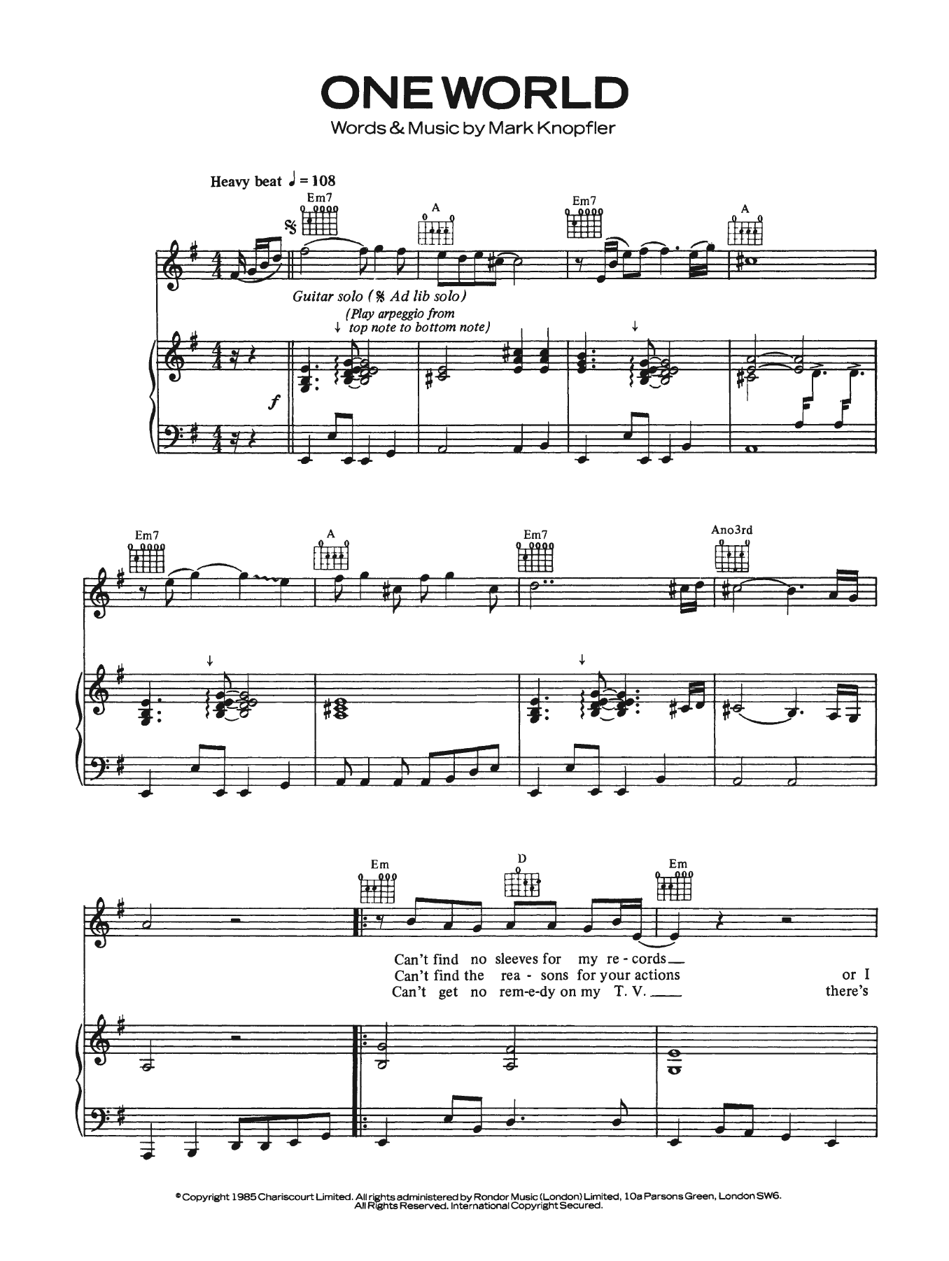 Download Dire Straits One World Sheet Music and learn how to play Lyrics & Chords PDF digital score in minutes