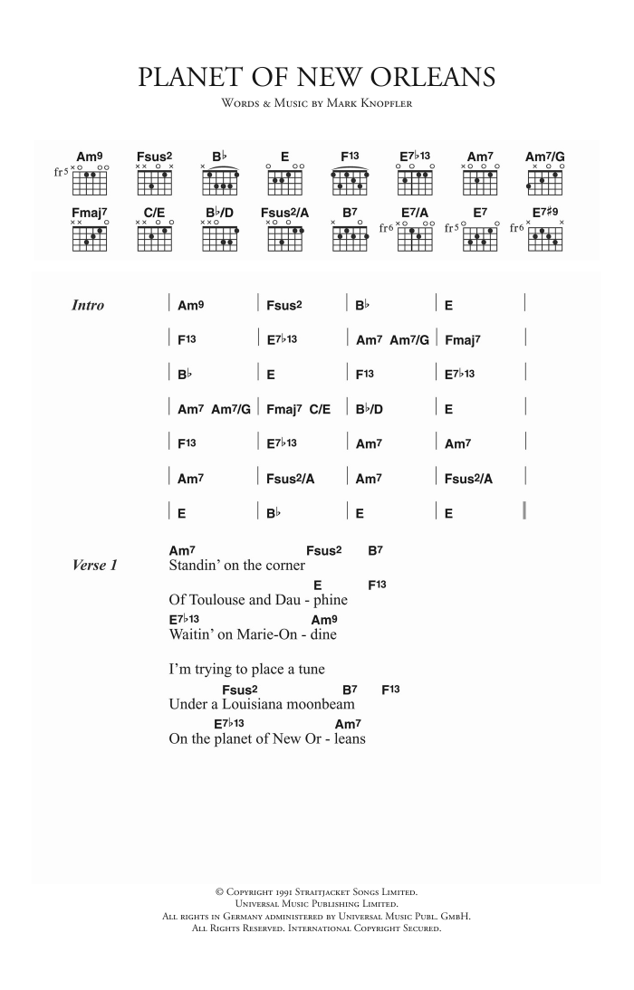 Download Dire Straits Planet Of New Orleans Sheet Music and learn how to play Lyrics & Chords PDF digital score in minutes