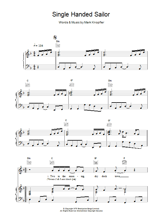 Download Dire Straits Single Handed Sailor Sheet Music and learn how to play Piano, Vocal & Guitar (Right-Hand Melody) PDF digital score in minutes