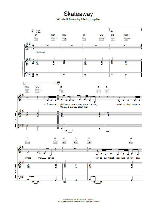 Download Dire Straits Skateaway Sheet Music and learn how to play Lyrics & Chords PDF digital score in minutes