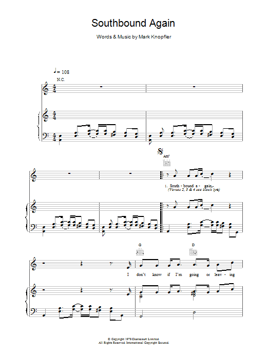 Download Dire Straits Southbound Again Sheet Music and learn how to play Lyrics & Chords PDF digital score in minutes