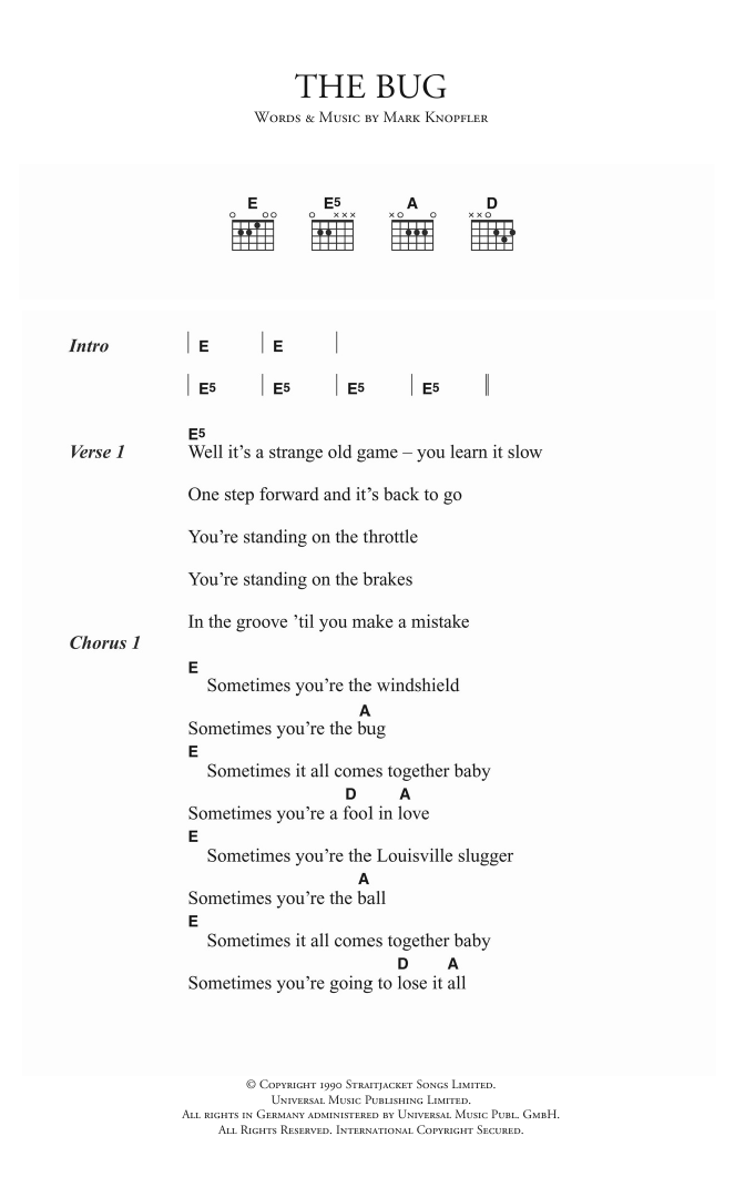 Download Dire Straits The Bug Sheet Music and learn how to play Lyrics & Chords PDF digital score in minutes