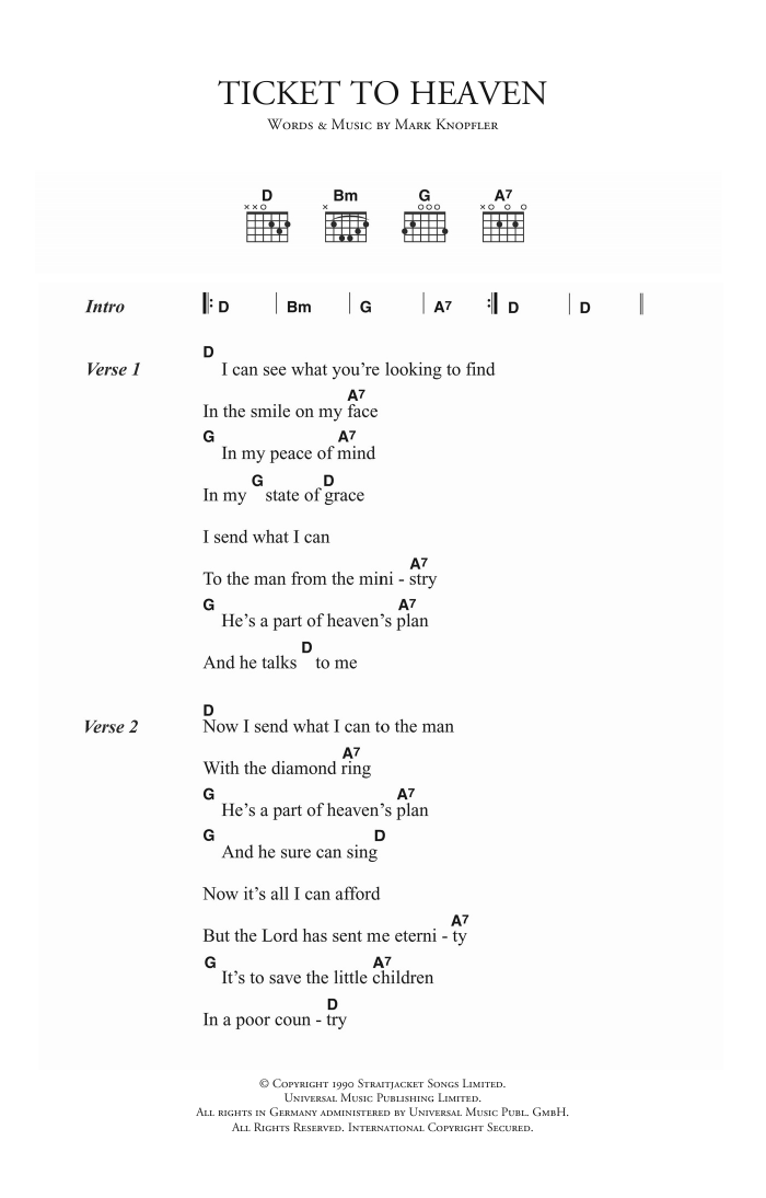 Download Dire Straits Ticket To Heaven Sheet Music and learn how to play Lyrics & Chords PDF digital score in minutes
