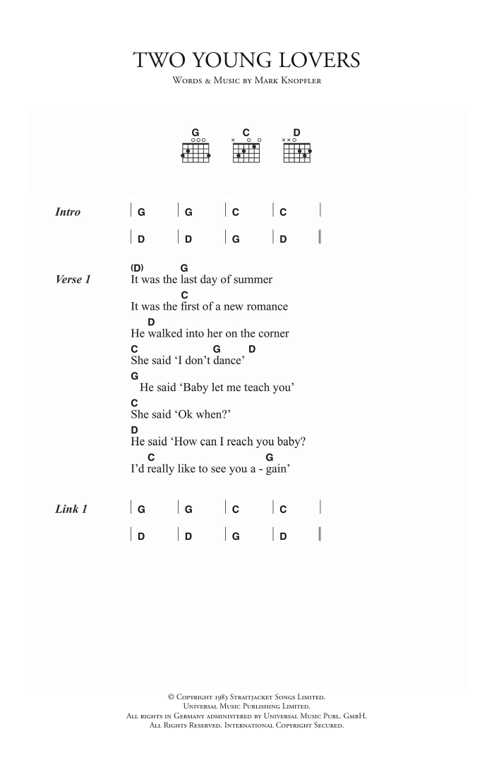 Download Dire Straits Two Young Lovers Sheet Music and learn how to play Lyrics & Chords PDF digital score in minutes
