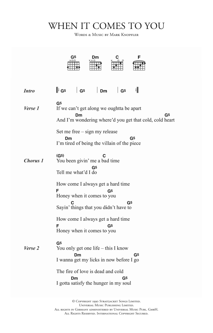 Download Dire Straits When It Comes To You Sheet Music and learn how to play Lyrics & Chords PDF digital score in minutes
