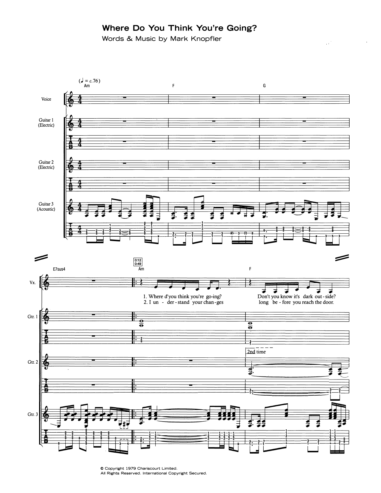 Download Dire Straits Where Do You Think You're Going? Sheet Music and learn how to play Guitar Tab PDF digital score in minutes