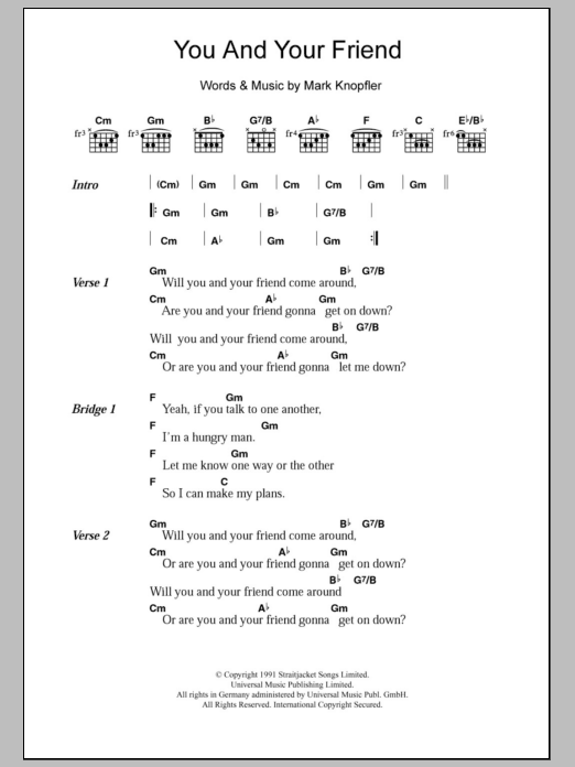 Download Dire Straits You And Your Friend Sheet Music and learn how to play Lyrics & Chords PDF digital score in minutes