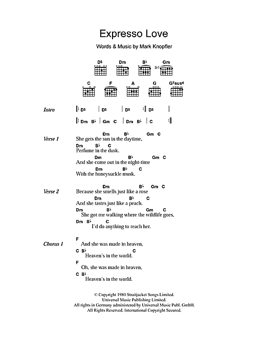 Download Dire Straits Expresso Love Sheet Music and learn how to play Lyrics & Chords PDF digital score in minutes