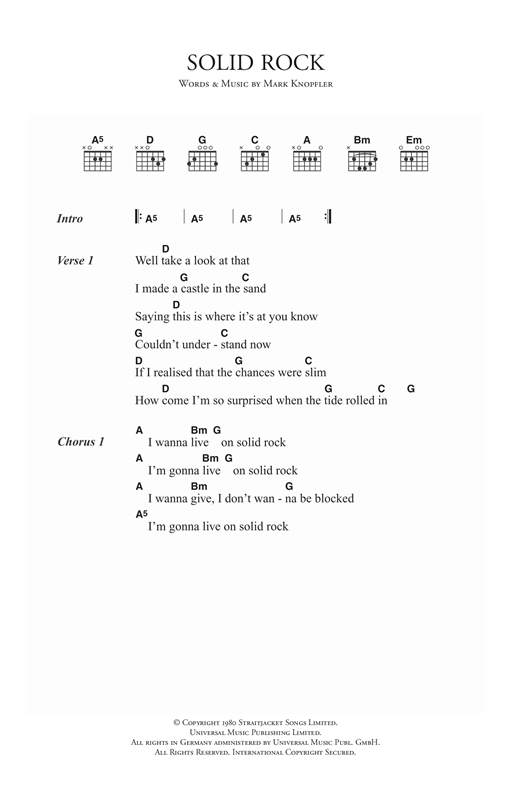 Download Dire Straits Solid Rock Sheet Music and learn how to play Lyrics & Chords PDF digital score in minutes