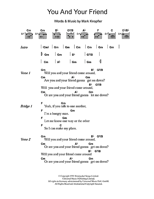 Download Dire Straits You And Your Friend Sheet Music and learn how to play Lyrics & Chords PDF digital score in minutes