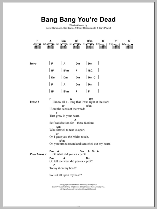 Download Dirty Pretty Things Bang Bang You're Dead Sheet Music and learn how to play Lyrics & Chords PDF digital score in minutes