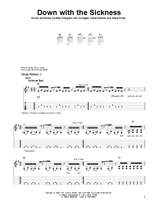 Download Disturbed Down With The Sickness Sheet Music and learn how to play Easy Guitar Tab PDF digital score in minutes