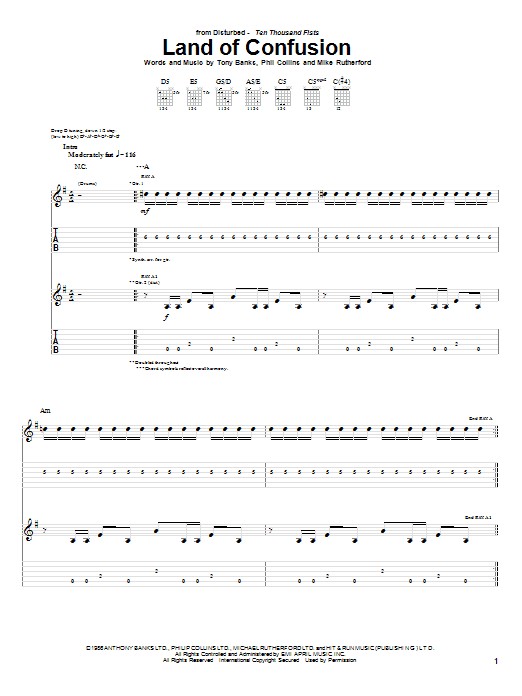 Download Disturbed Land Of Confusion Sheet Music and learn how to play Guitar Tab PDF digital score in minutes