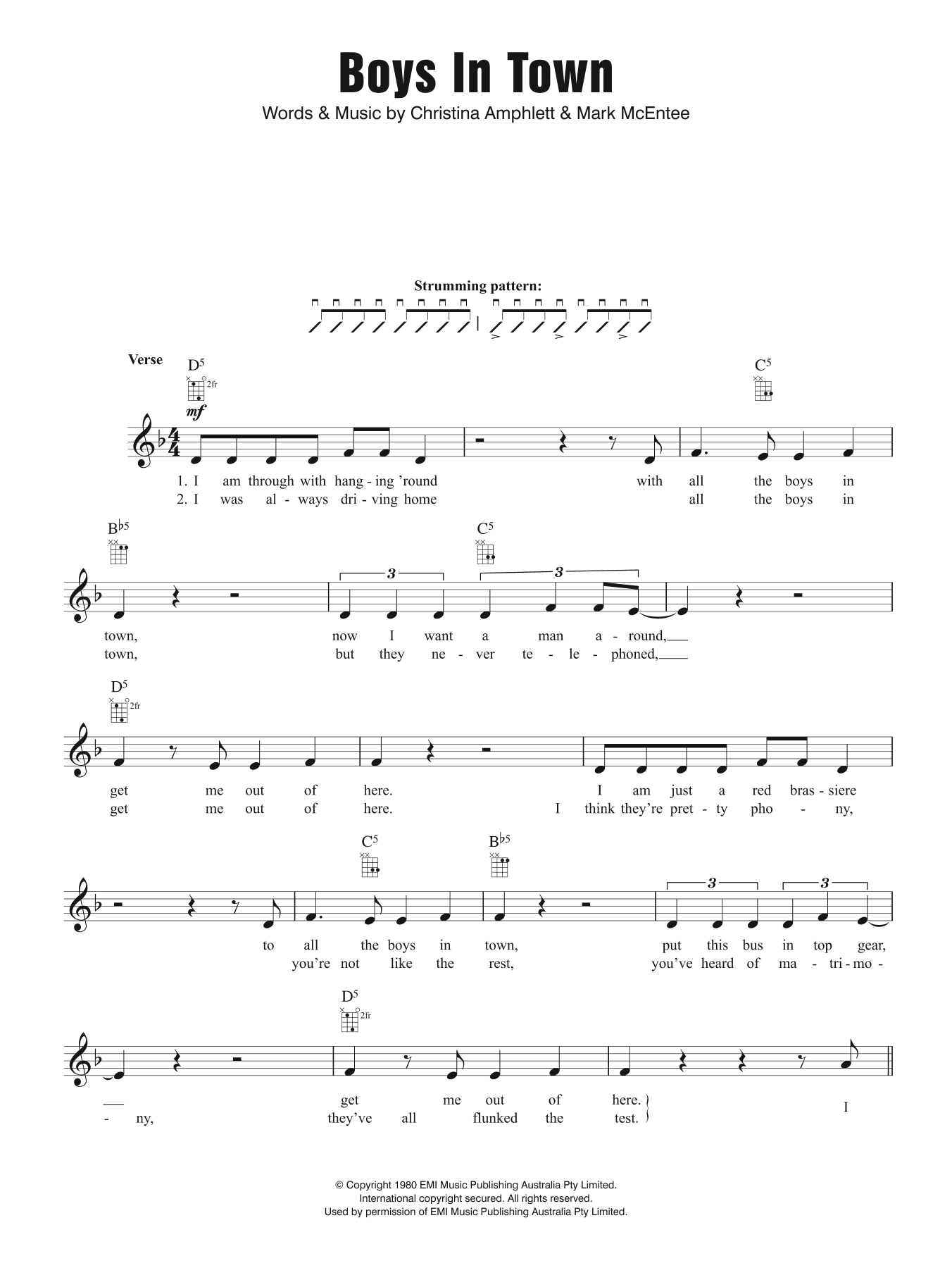 Download Divinyls Boys In Town Sheet Music and learn how to play Melody Line, Lyrics & Chords PDF digital score in minutes