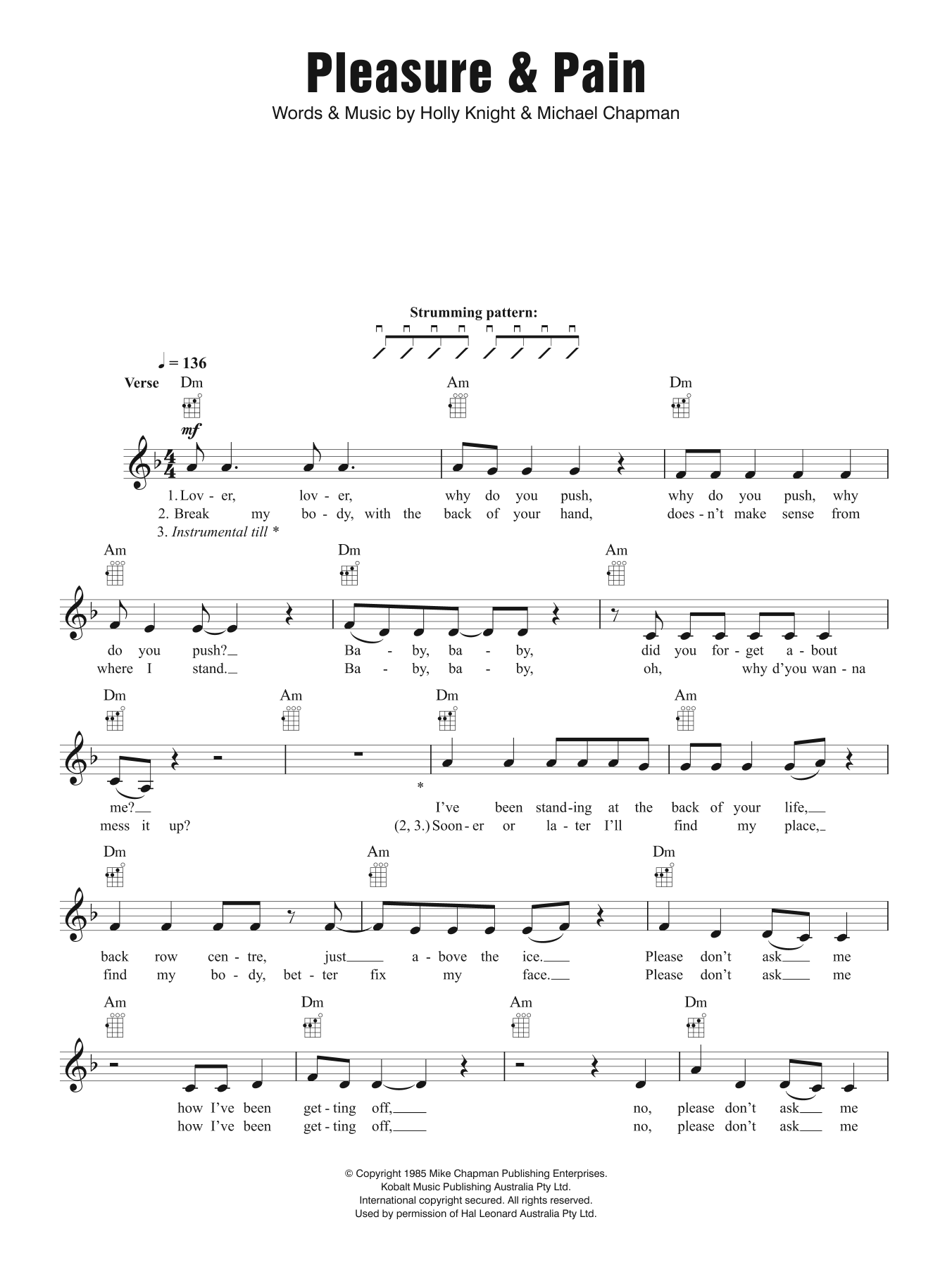 Download Divinyls Pleasure and Pain Sheet Music and learn how to play Melody Line, Lyrics & Chords PDF digital score in minutes