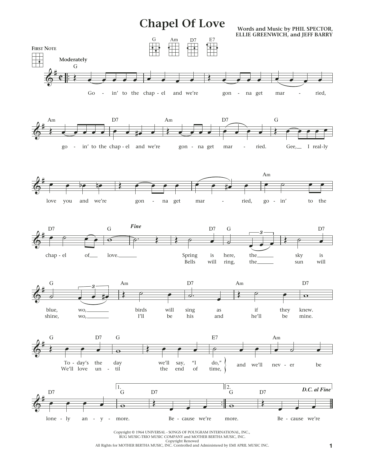 Download Dixie Cups Chapel Of Love Sheet Music and learn how to play Ukulele PDF digital score in minutes
