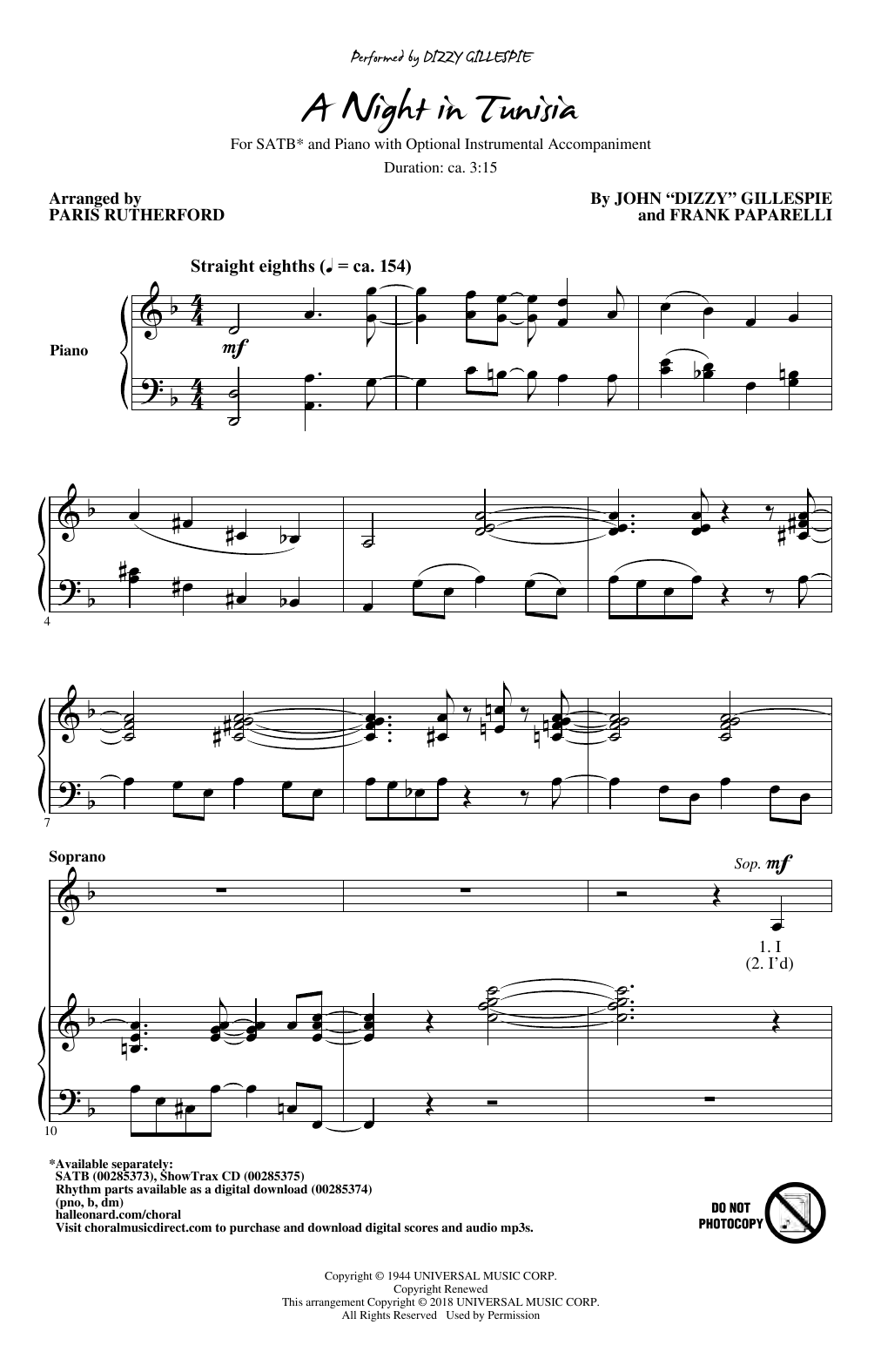 Download Dizzy Gillespie A Night In Tunisia (arr. Paris Rutherford) Sheet Music and learn how to play SATB Choir PDF digital score in minutes