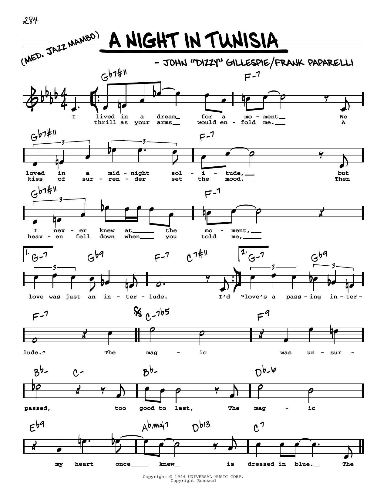 Download Dizzy Gillespie A Night In Tunisia (High Voice) Sheet Music and learn how to play Real Book – Melody, Lyrics & Chords PDF digital score in minutes