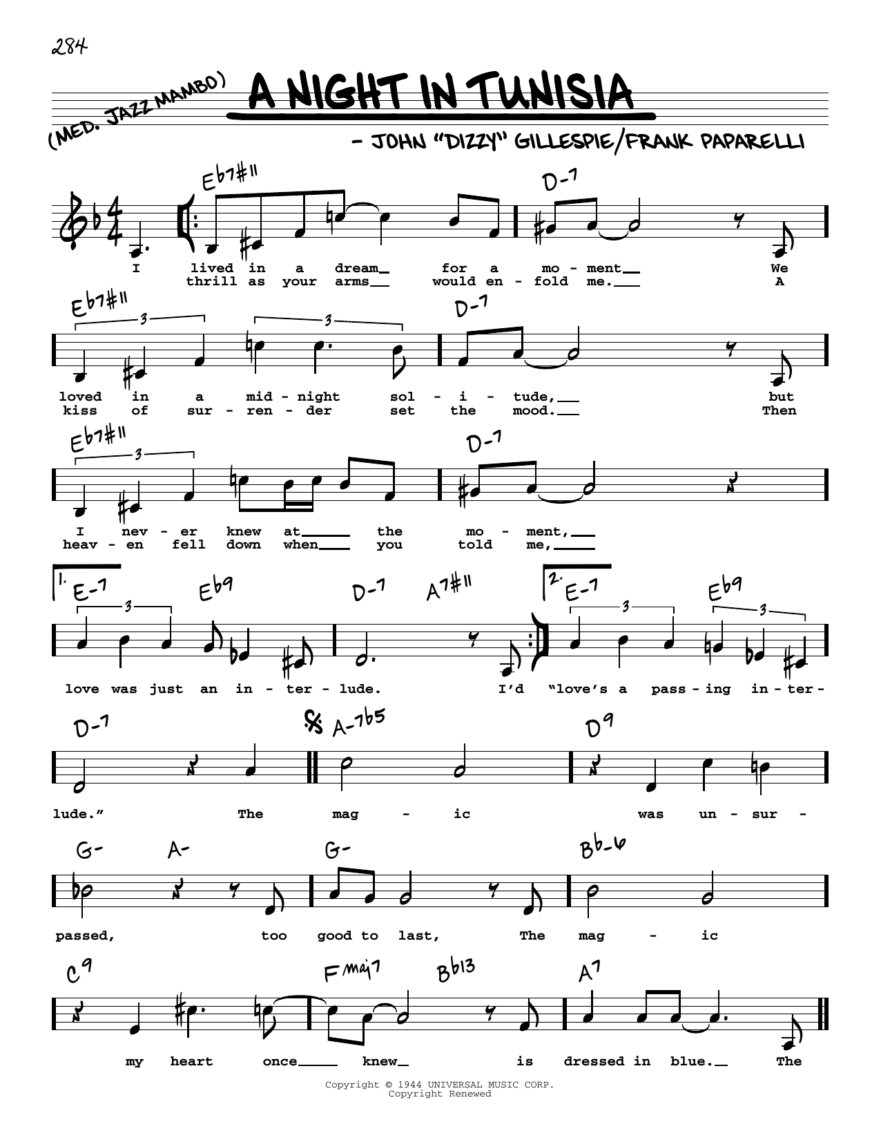 Download Dizzy Gillespie A Night In Tunisia (Low Voice) Sheet Music and learn how to play Real Book – Melody, Lyrics & Chords PDF digital score in minutes