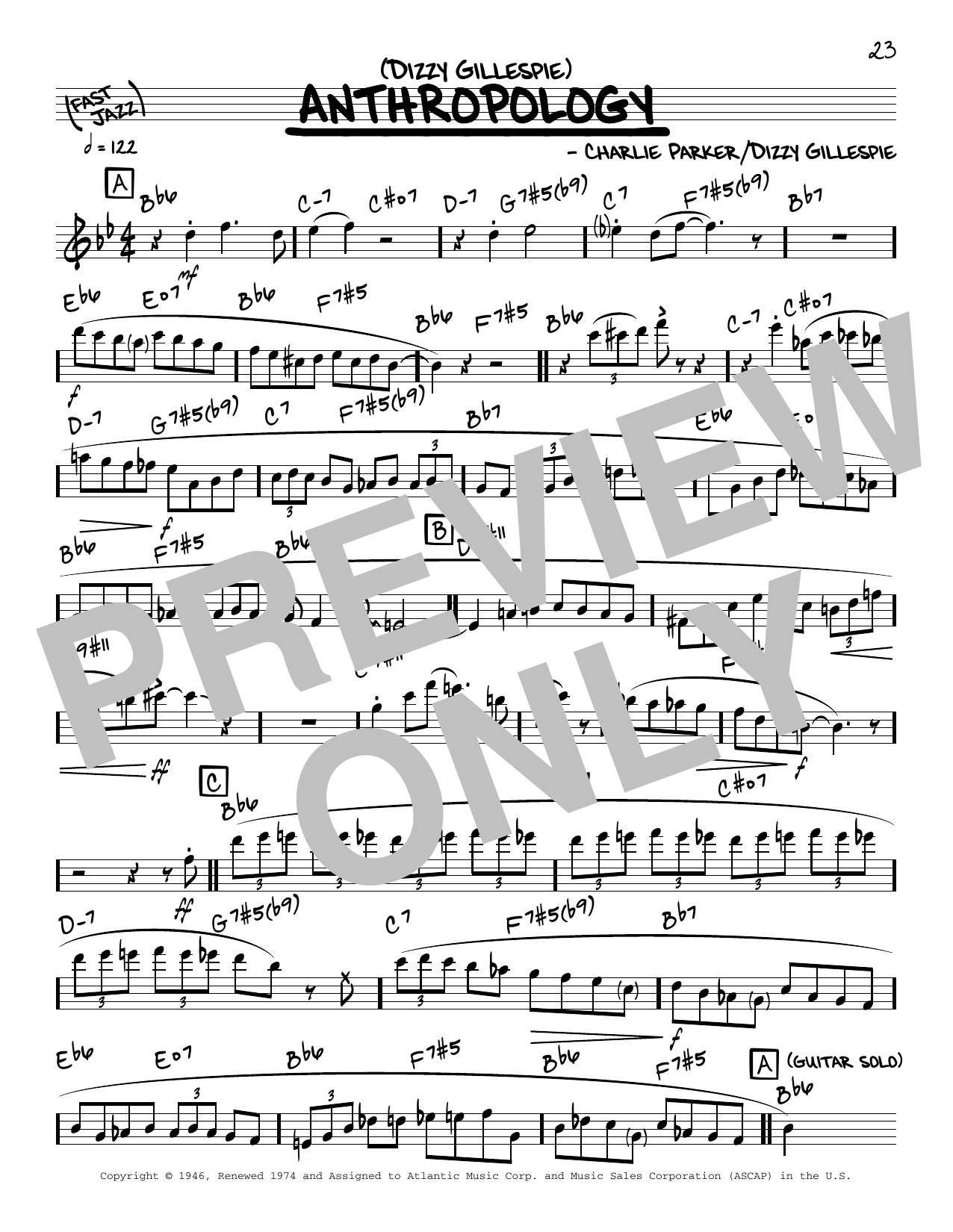 Download Dizzy Gillespie Anthropology (solo only) Sheet Music and learn how to play Real Book – Melody & Chords PDF digital score in minutes