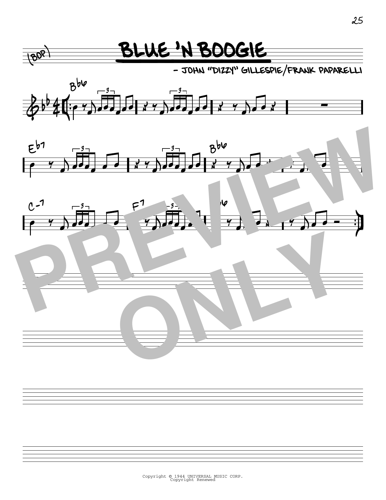 Download Dizzy Gillespie Blue 'N Boogie Sheet Music and learn how to play Real Book – Melody & Chords – C Instruments PDF digital score in minutes