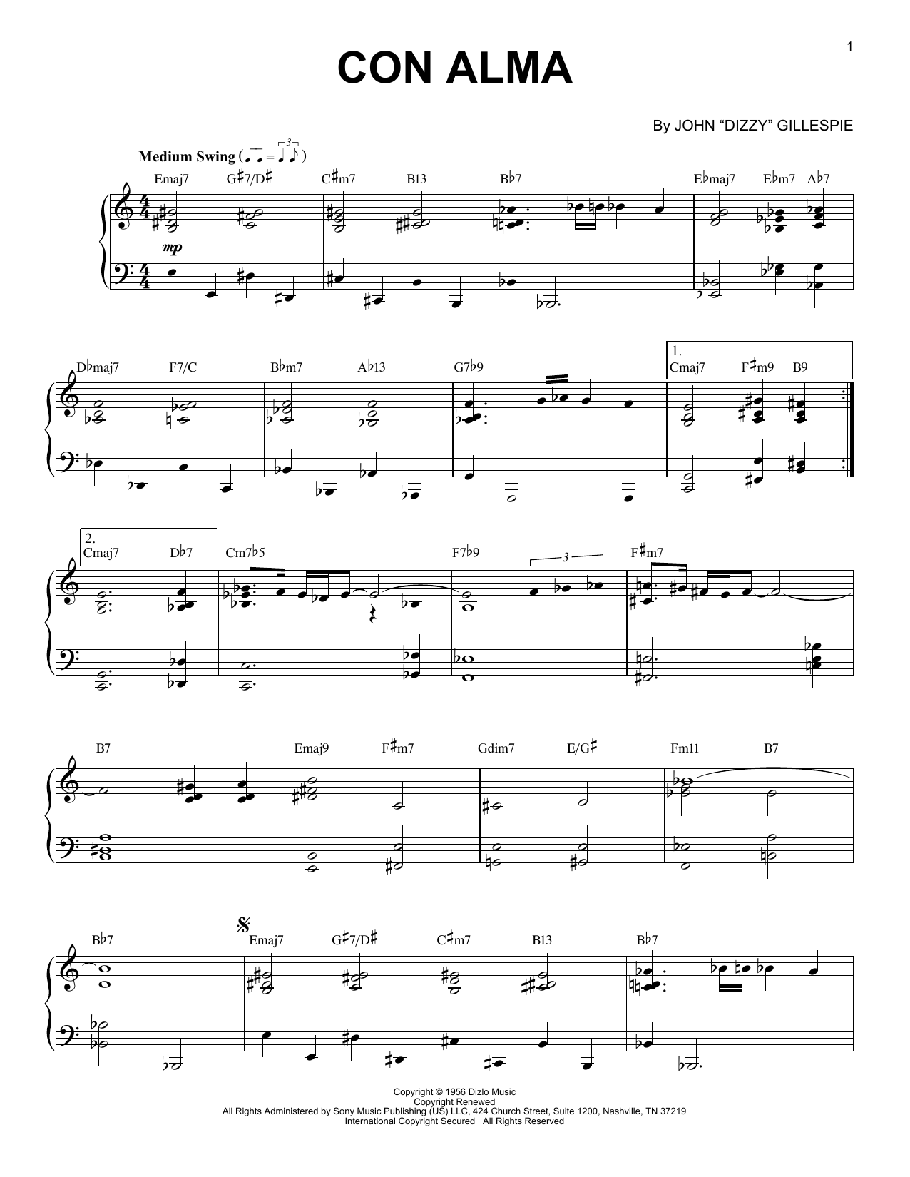 Download Dizzy Gillespie Con Alma (arr. Brent Edstrom & Jim Sodke) Sheet Music and learn how to play Piano Solo PDF digital score in minutes