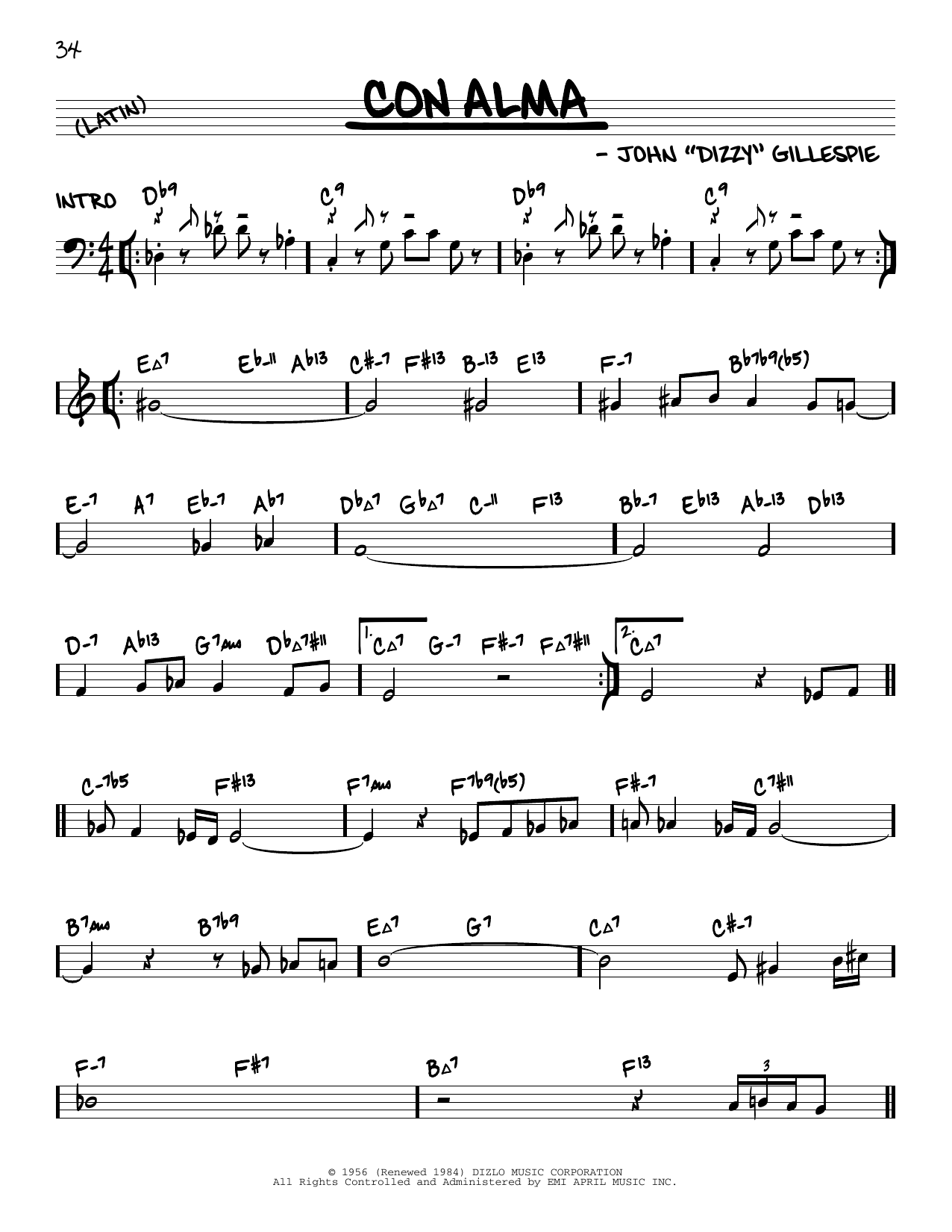 Download Dizzy Gillespie Con Alma (arr. David Hazeltine) Sheet Music and learn how to play Real Book – Enhanced Chords PDF digital score in minutes