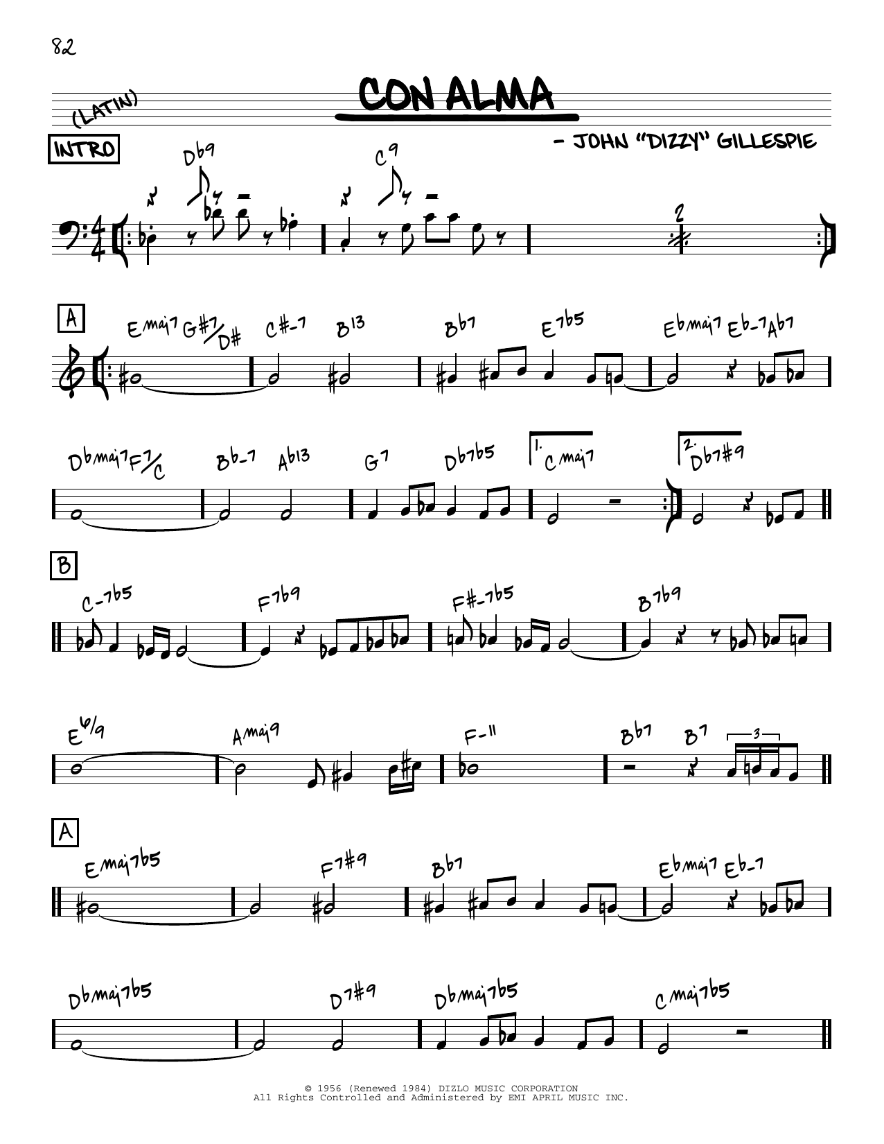 Download Dizzy Gillespie Con Alma [Reharmonized version] (arr. Jack Grassel) Sheet Music and learn how to play Real Book – Melody & Chords PDF digital score in minutes
