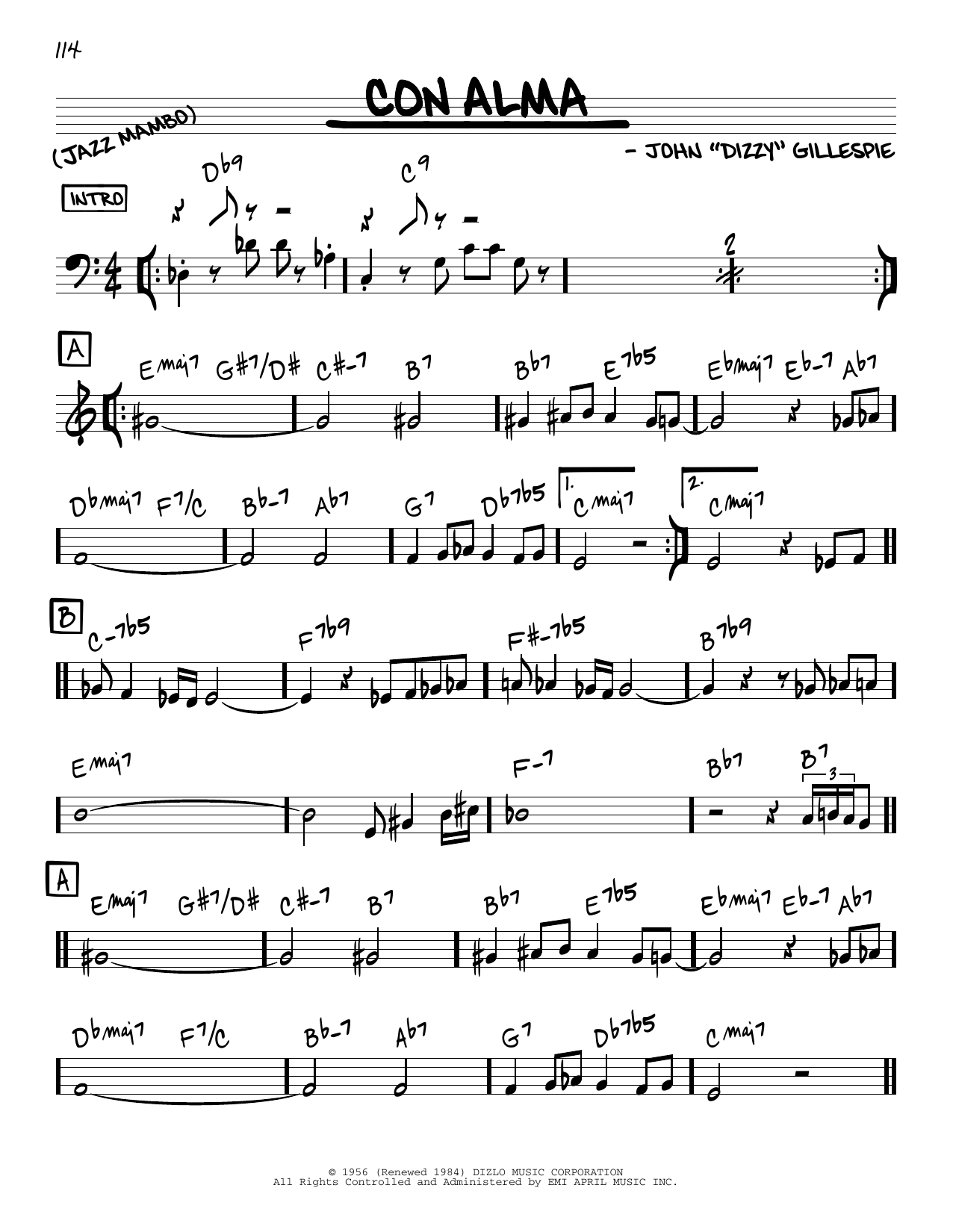 Download Dizzy Gillespie Con Alma Sheet Music and learn how to play Real Book - Melody & Chords - Bass Clef Instruments PDF digital score in minutes