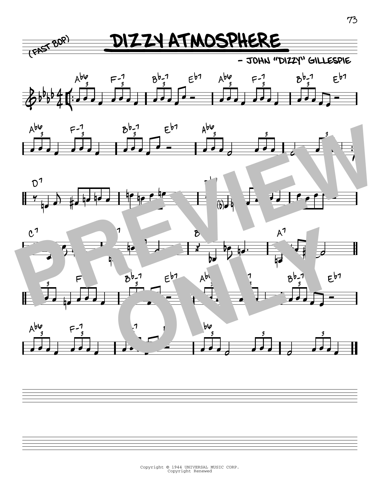 Download Dizzy Gillespie Dizzy Atmosphere Sheet Music and learn how to play Real Book - Melody & Chords - C Instruments PDF digital score in minutes