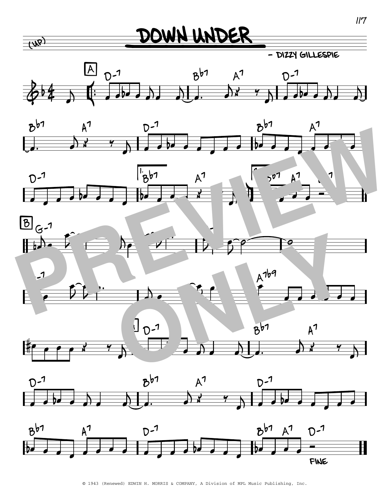 Download Dizzy Gillespie Down Under Sheet Music and learn how to play Real Book – Melody & Chords PDF digital score in minutes