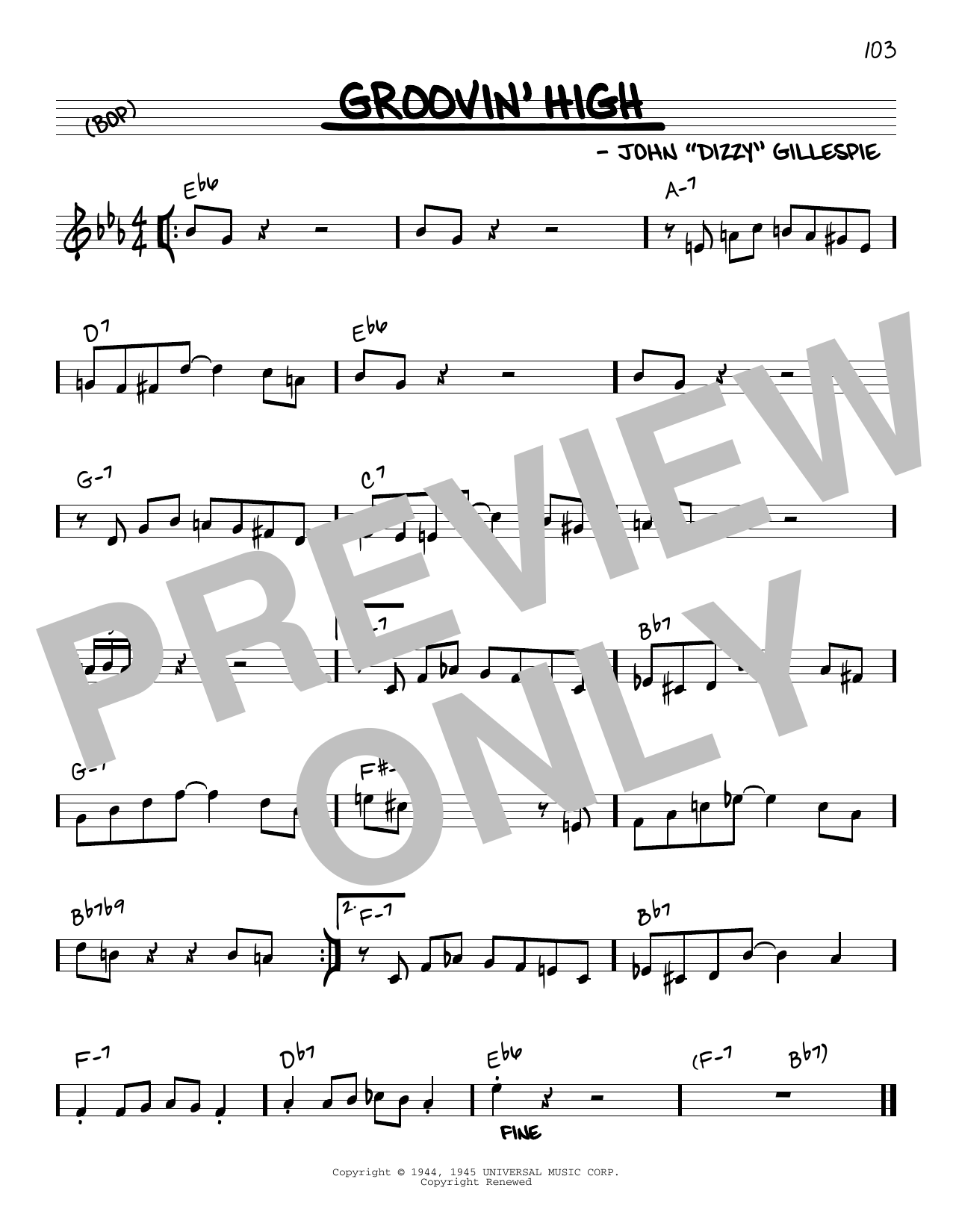 Download Dizzy Gillespie Groovin' High Sheet Music and learn how to play Real Book - Melody & Chords - Eb Instruments PDF digital score in minutes