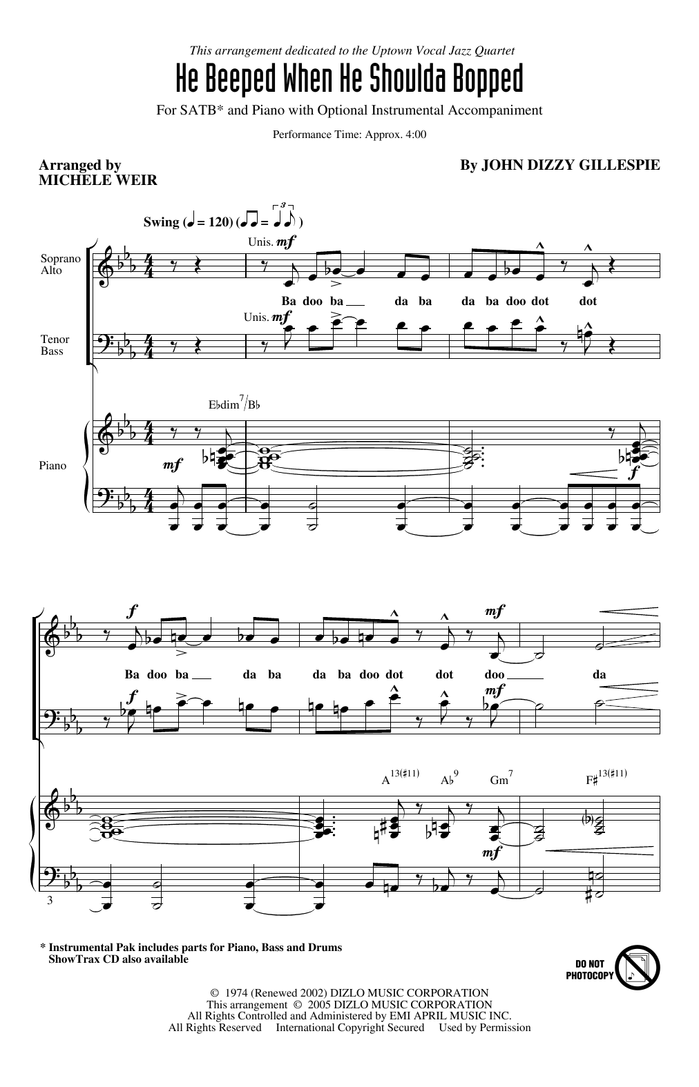 Download Dizzy Gillespie He Beeped When He Shoulda Bopped (arr. Kirby Shaw) Sheet Music and learn how to play 2-Part Choir PDF digital score in minutes