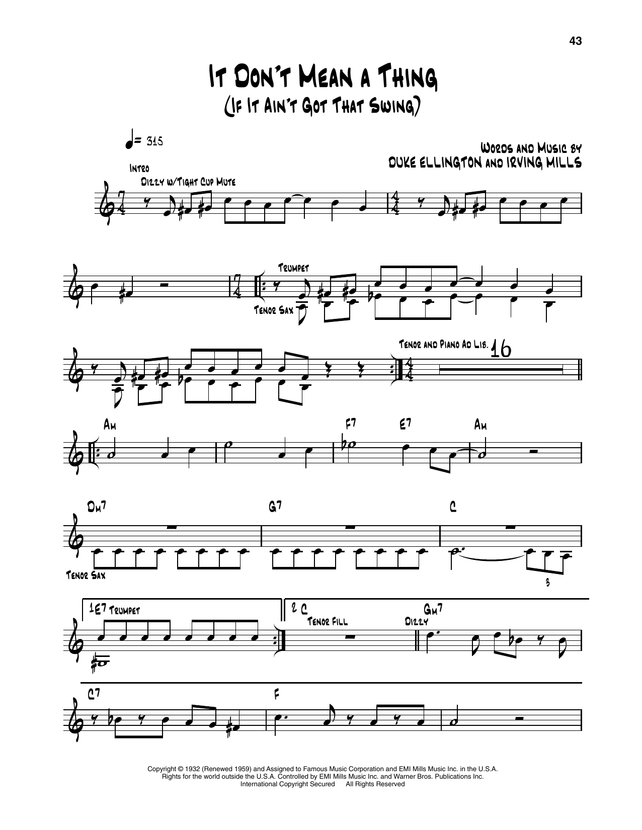 Download Dizzy Gillespie It Don't Mean A Thing (If It Ain't Got That Swing) Sheet Music and learn how to play Trumpet Transcription PDF digital score in minutes