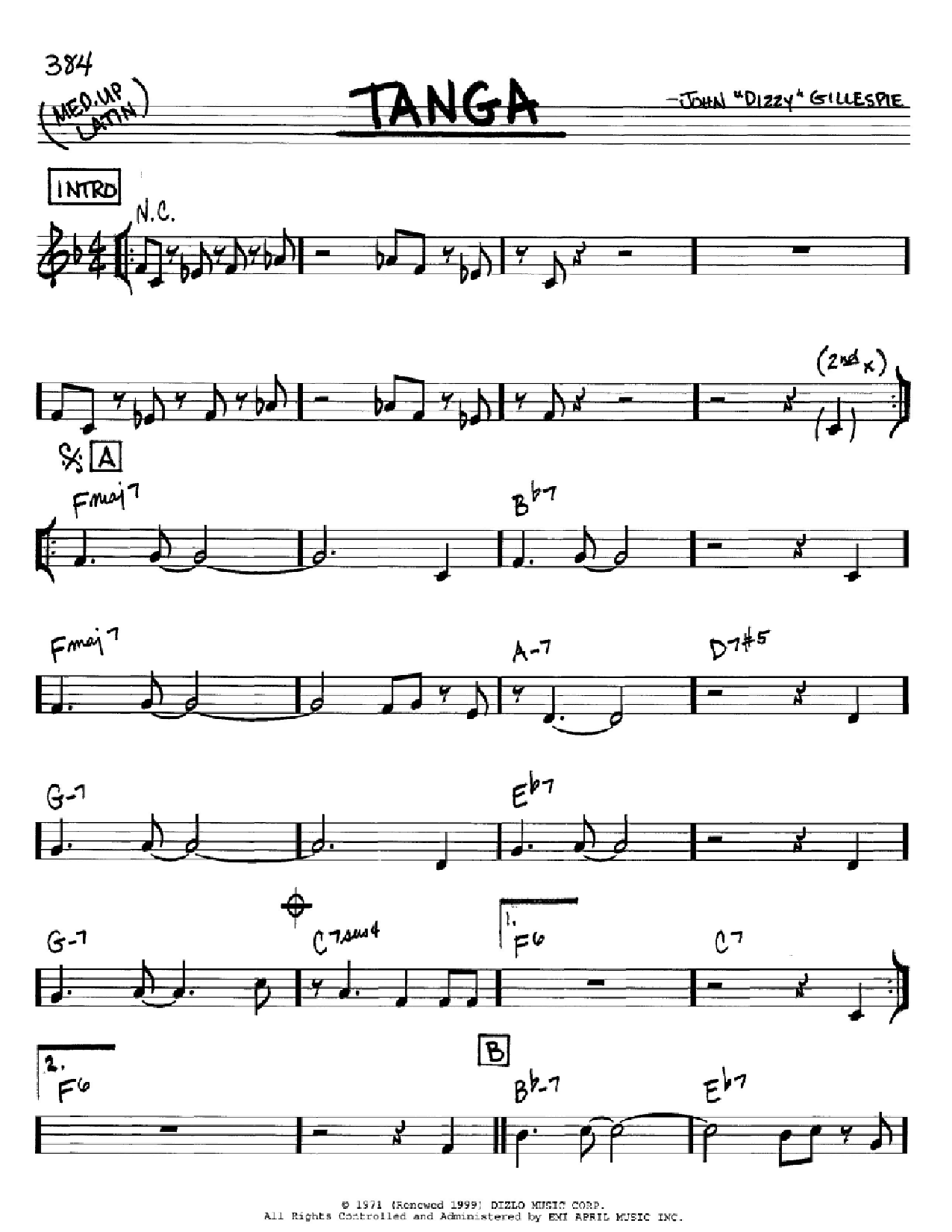 Download Dizzy Gillespie Tanga Sheet Music and learn how to play Real Book - Melody & Chords - C Instruments PDF digital score in minutes