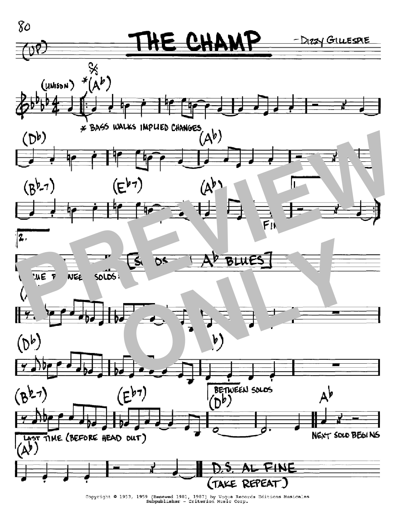 Download Dizzy Gillespie The Champ Sheet Music and learn how to play Real Book - Melody & Chords - C Instruments PDF digital score in minutes