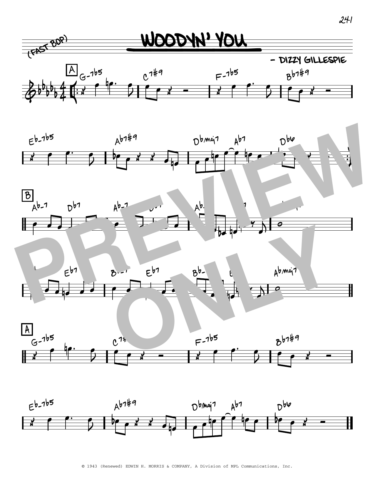 Download Dizzy Gillespie Woodyn' You Sheet Music and learn how to play Real Book - Melody & Chords - Eb Instruments PDF digital score in minutes