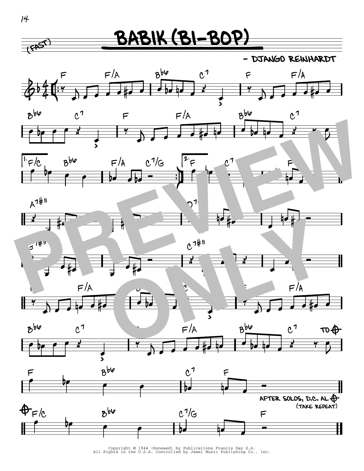 Download Django Reinhardt Babik (Bi-Bop) Sheet Music and learn how to play Real Book – Melody & Chords PDF digital score in minutes